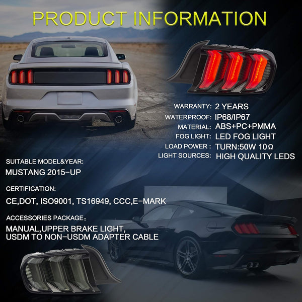 VLAND LED Tail lights Assembly Compatible with Ford Mustang 2015-2020, Rear Lights with Sequential Amber+Red Turn Signal (5 Lighting Modes) Smoked