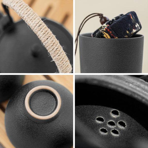 fanquare Japanese Tea Set, Porcelain Chinese Gongfu Tea Set, Portable Black China Tea Service with Teapot for Adults, Mens Gifts Travel