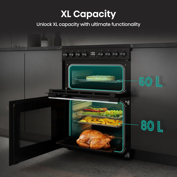 Hisense HDUKC60B 60cm Electric Cooker with Ceramic Hob-Black, A Rated Double Oven 50L/80L [Energy Class A]