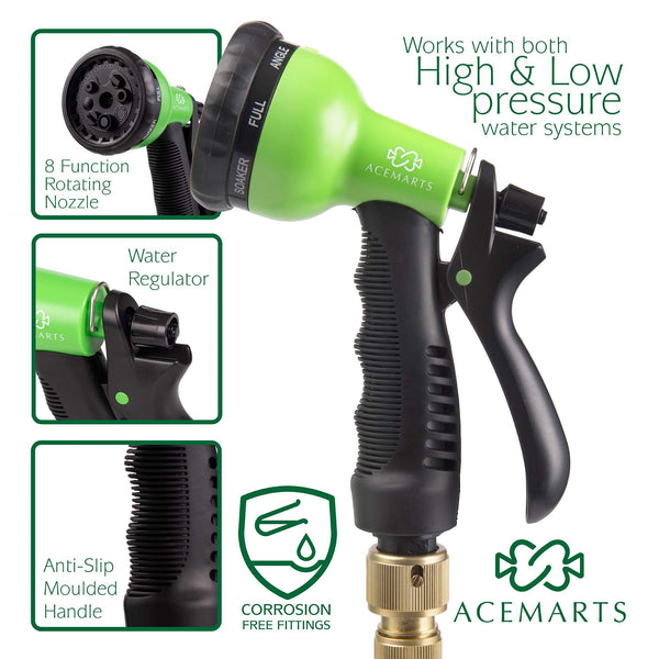 ACEMARTS Expandable Garden Hose Pipe Green 100 FT/30 M Light Weight with Tougher Latex Quality Fabric Solid Brass Connectors and 8 Pattern Nozzle for