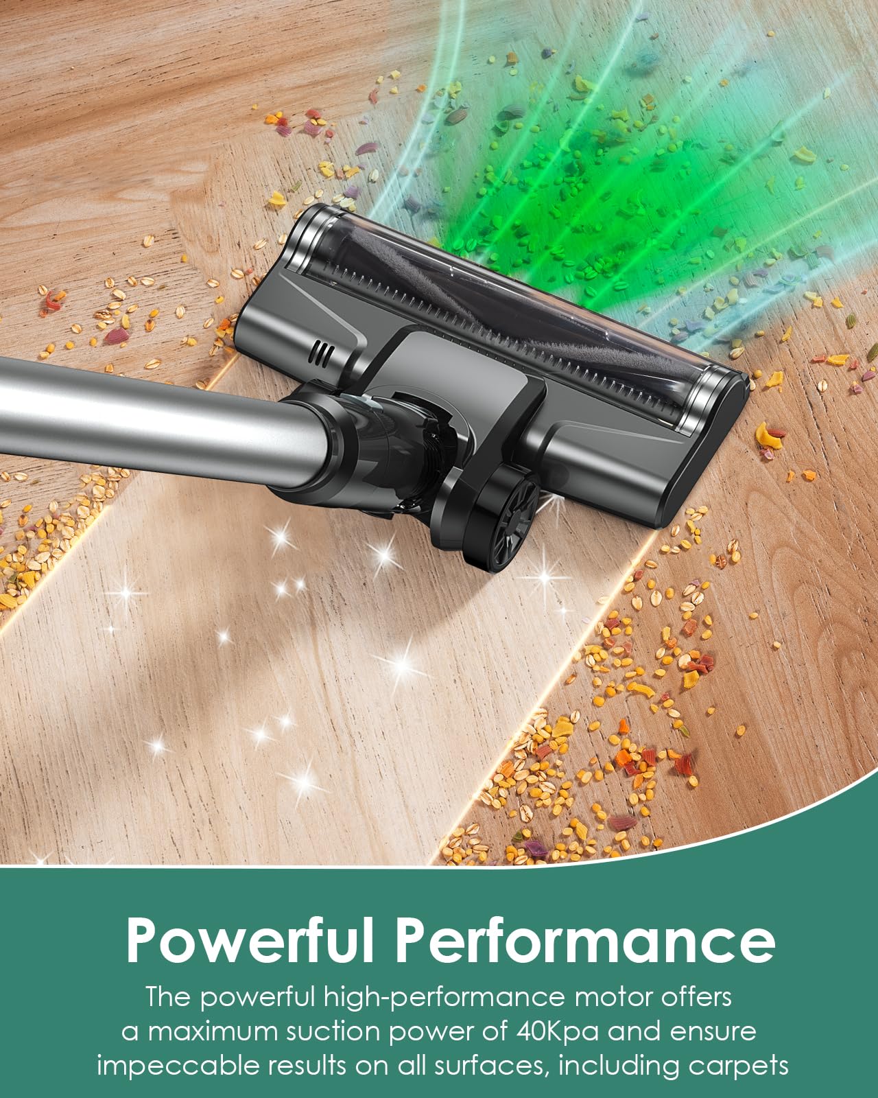 VersLife S7 PRO Cordless Vacuum Cleaner, 40Kpa 40Mins 2-in-1 Stick Vacuum, Lightweight and Versatile, Deep Cleans, Self-Standing, Green LED