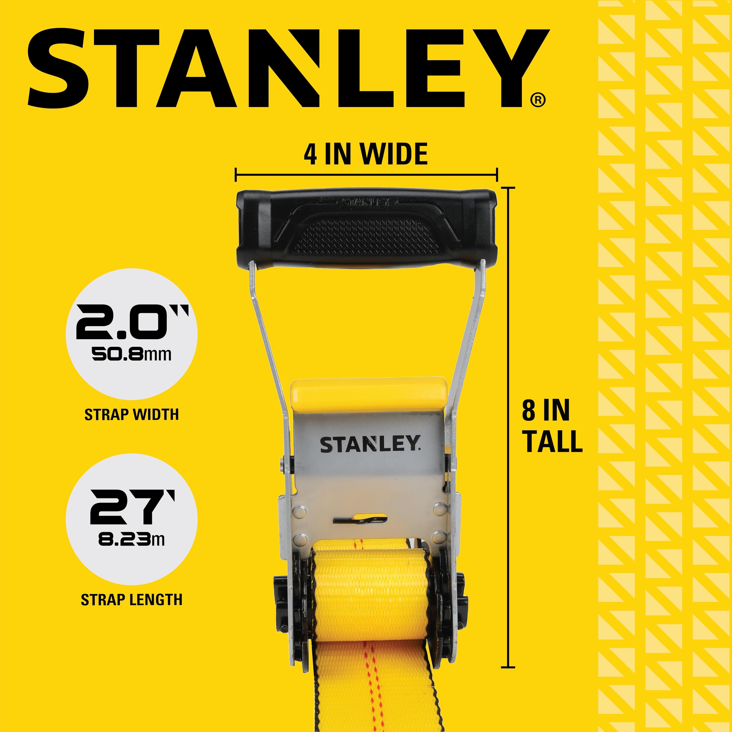 STANLEY S1007 Black/Yellow 1.5" x 16' Ratchet Tie Down Straps - 1,100 lb Safe Working Load / 3,300 lb Break Strength, 2 Pack