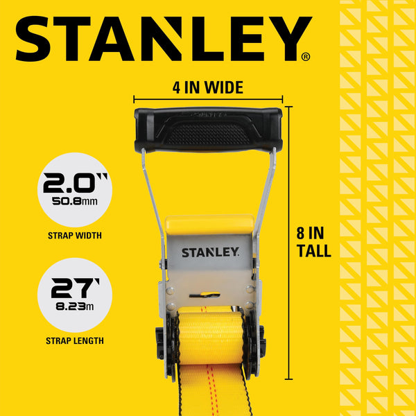 STANLEY S1007 Black/Yellow 1.5" x 16' Ratchet Tie Down Straps - 1,100 lb Safe Working Load / 3,300 lb Break Strength, 2 Pack