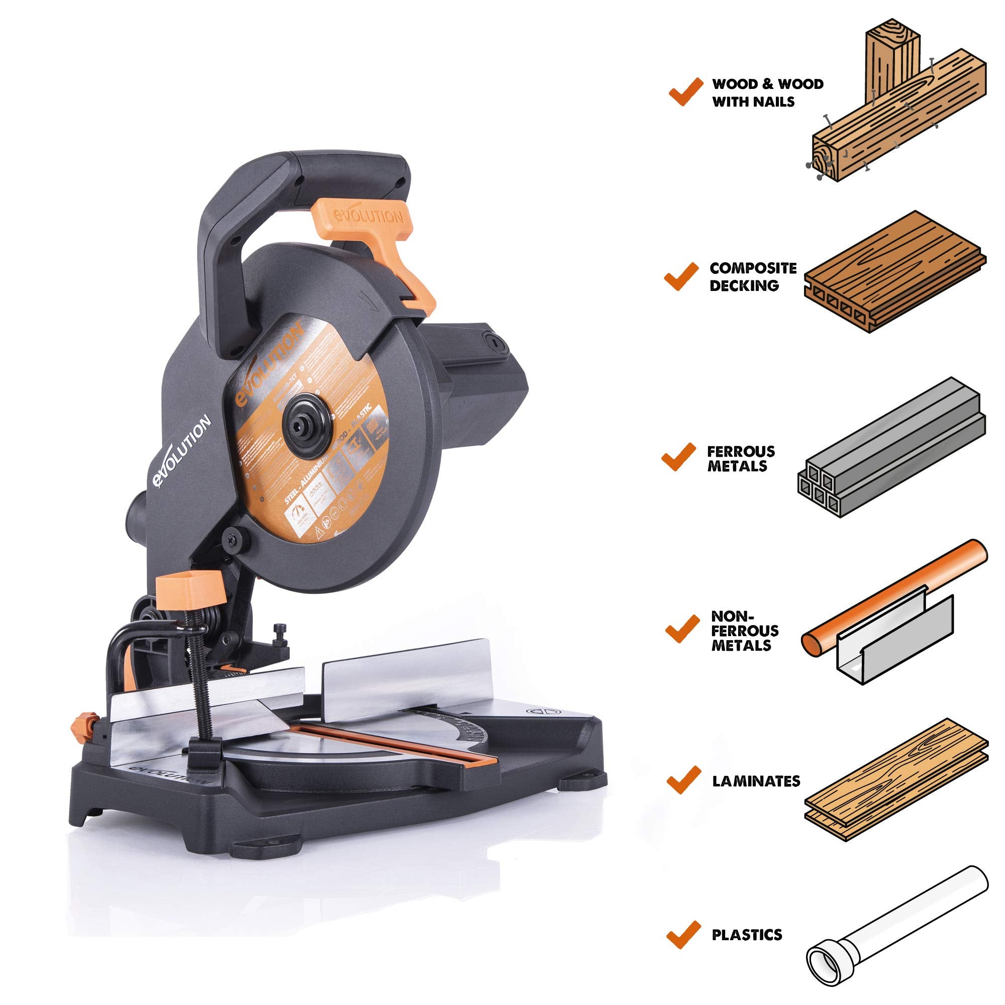 Evolution Power Tools R210CMS Compound Miter Saw Multi-Material Cutting TCT Blade Included Cuts Wood Metal Plastic & More, 45° - 45° Degree Miter & 45˚ Degree Bevel Angles, 1200W, 210mm