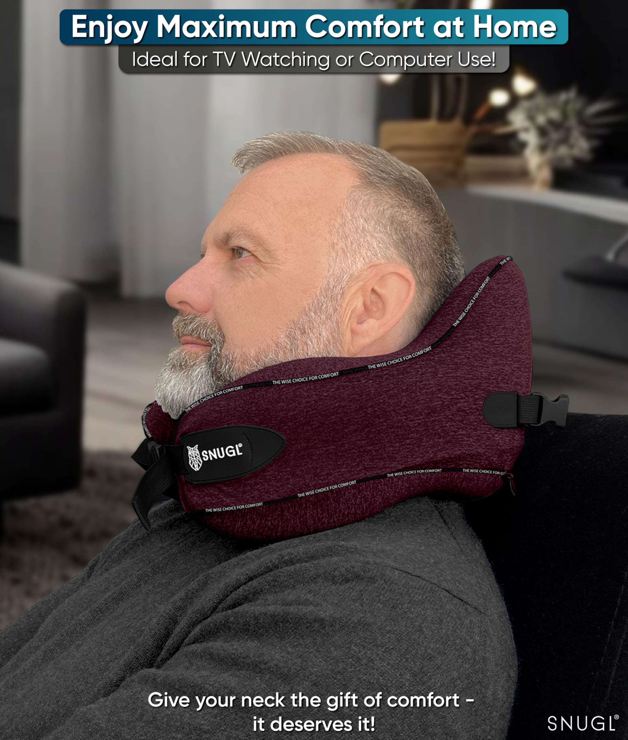 SNUGL Travel Pillow – Memory Foam Neck Pillow for Travel – Support Cushion for Airplane with Carry Bag & Clip - Holiday Essentials (Black - Adult Regular)