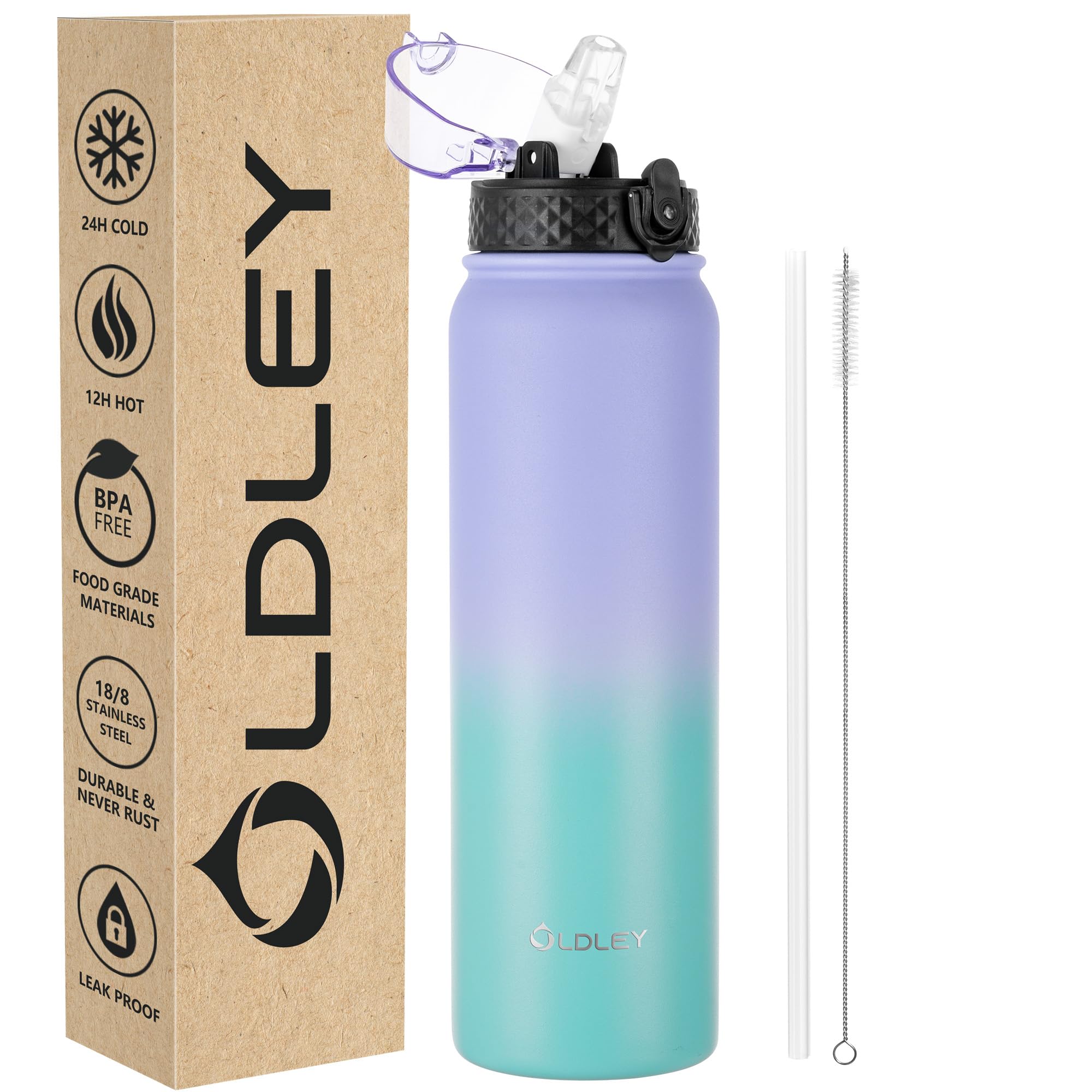 OLDLEY Stainless Steel Water Bottle with Straw 1L Vaccum Insulated Large Drink Flask Metal Water Bottles 1 Litre Leakproof Keep Drinks Hot Cold for Sports Gym with Different Lids(Purple Green, 3 Lids)