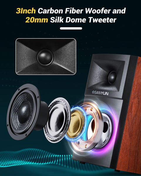Sanyun SW203 4.0 Computer Speakers - 60W 4-Way DSP Control 3D Immersive Sound - 3" Carbon Fiber Woofer & 20mm Silk Dome Tweeter - 24bit DAC USB/Bluetooth 5.4/AUX - Studio-Grade Audio (Pair, Black)