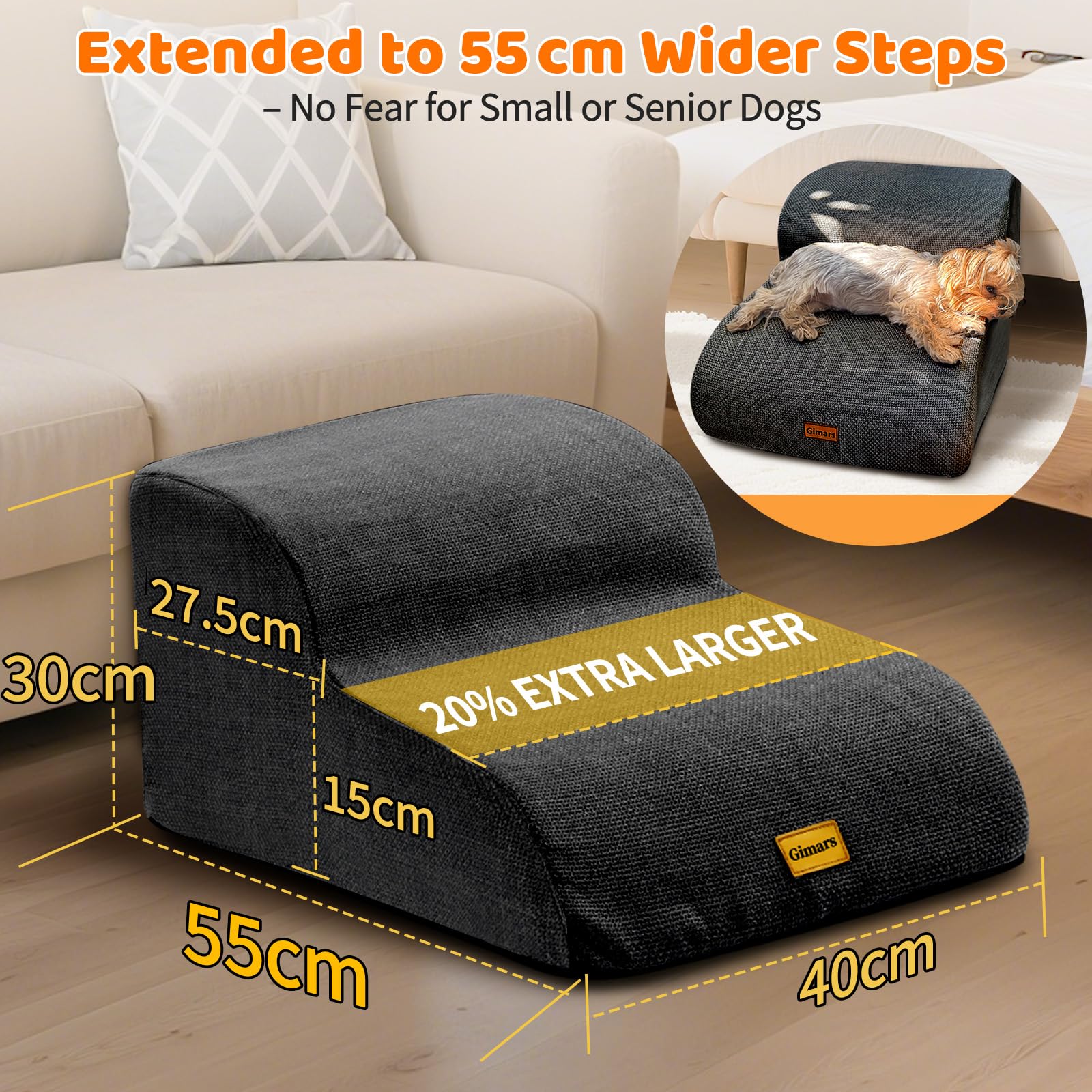 Gimars 30D High-Density Foam & Extra-Wide, Stable 3-Step Dog Stairs, 40cm High Pet Stairs with Washable Cover & Non-Slip Base, Portable Ramp for Small Dogs to Sofa, Bed, Couch, Car