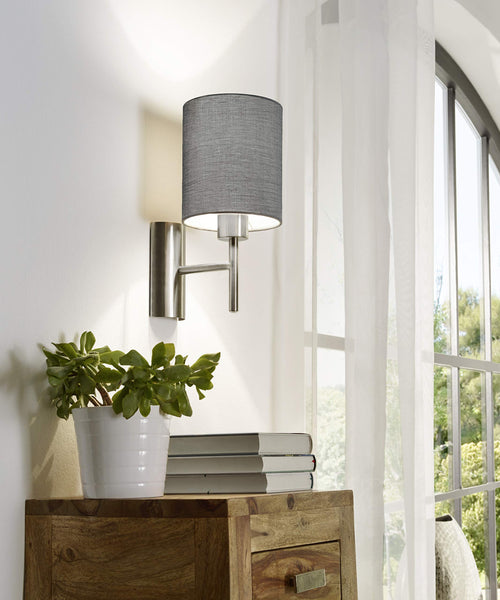 Eglo Pasteri Textile Wall Light, Matt Nickel Steel and Grey Fabric Wall Lamp, E27 Socket, Incl. Switch