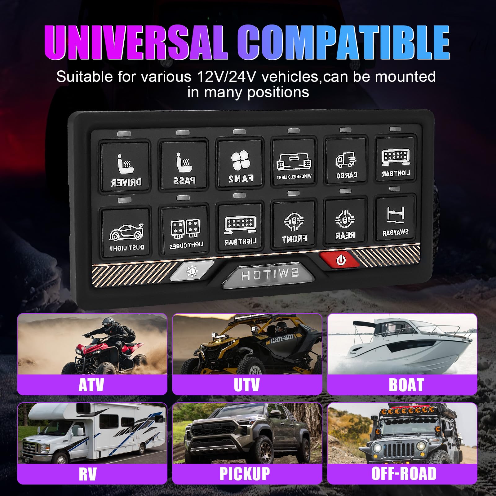 Chelhead RGB 6 Gang Switch Panel with APP Control, Universal Circuit Control Relay System, Multi-Function Bluetooth Remote Switch Panel, Compatible with Truck Boat SUV RV Trailer Marine ATV UTV