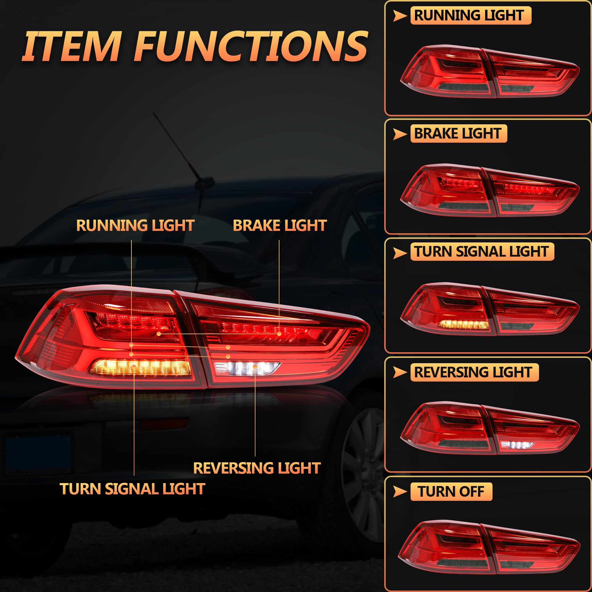 VLAND LED Rear Lights compatible with Lancer & EVO X 2008-2020 (Not Fit fortis/io), w/Sequential indicator, Driver & Passenger Side (Smoked dynamic 2)