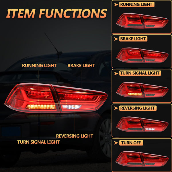 VLAND LED Rear Lights compatible with Lancer & EVO X 2008-2020 (Not Fit fortis/io), w/Sequential indicator, Driver & Passenger Side (Smoked dynamic 2)