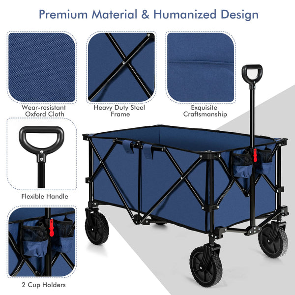 COSTWAY Folding Camping Wagon, Collapsible Beach Garden Trolley with Cup Holders and Adjustable Handle, Canvas Transport Utility Cart for Shopping Gardening Sporting Events (Navy Blue)