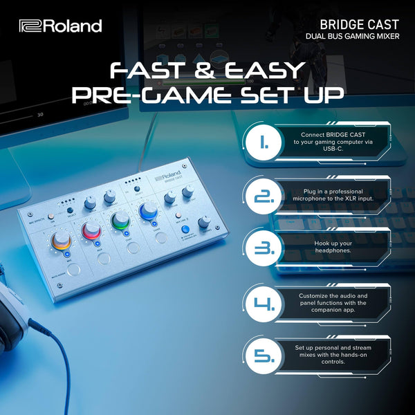 Roland BRIDGE CAST ONE Dual Bus Streaming Mixer Compact Audio Streaming Mixer For Online Gamers & Content Creators 32-Bit Hardware DSP USB-C Windows and Mac Connectivity XLR Mic Support