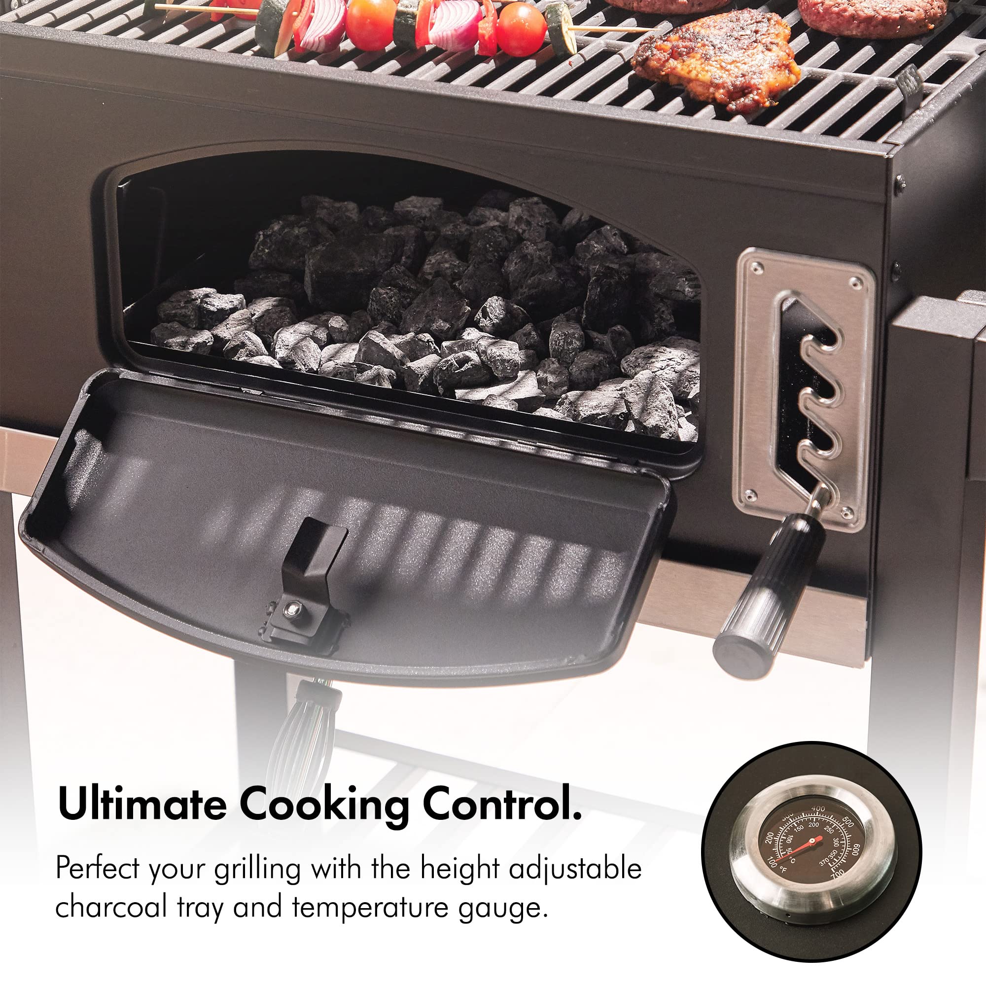 VonHaus Charcoal BBQ – XL Portable Barbecue with Warming Rack, Fold Down Shelves, Temperature Gauge, Wheels, Cooking Grill, Air Vents – 2 in 1 Barbeque and Smoker – Grill Meat, Fish & Vegetables