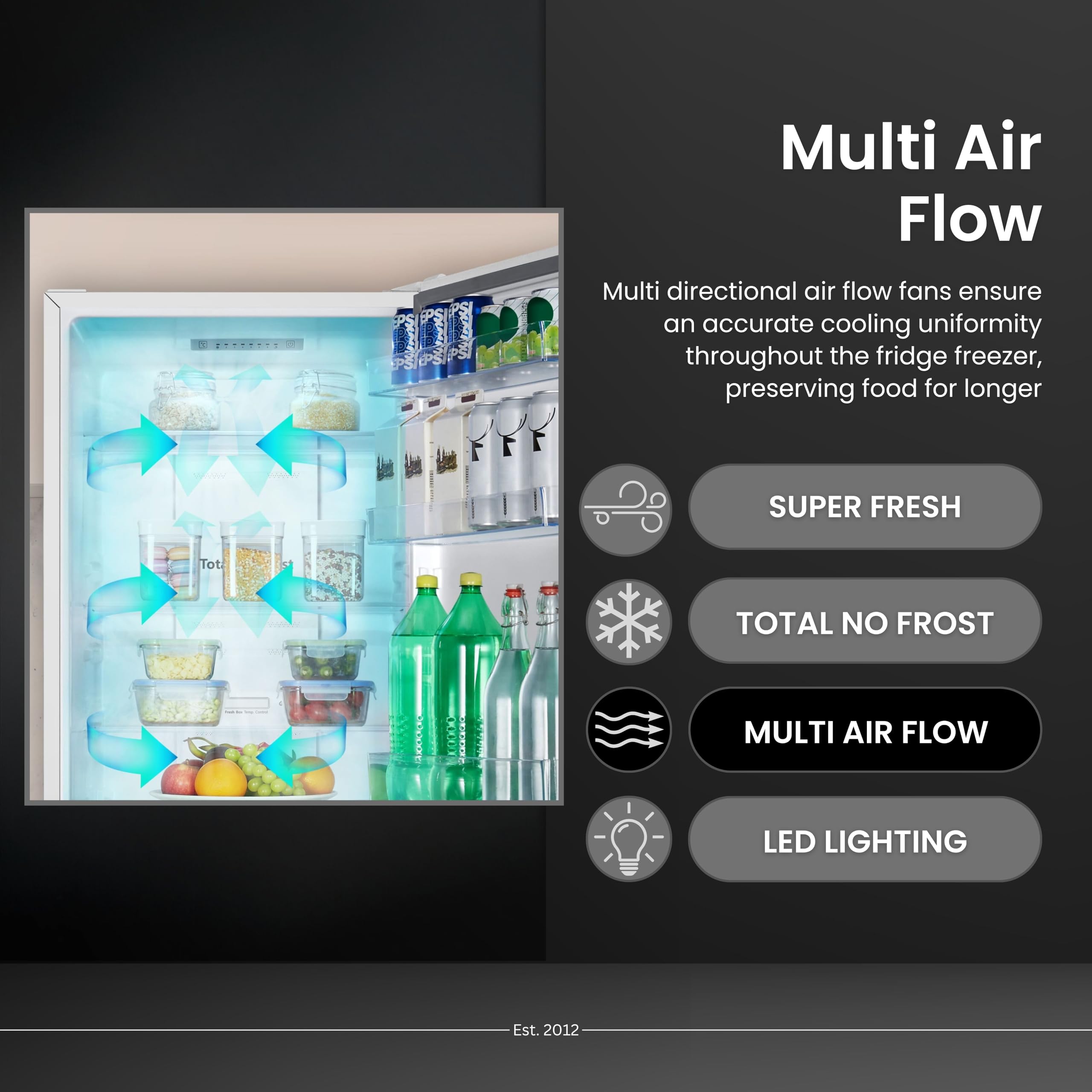 Teknix FFH1825WB 55cm Freestanding 50/50 Fridge Freezer - 256 Litre Capacity - Total No Frost - Non-plumbed Water Dispenser - Black, H182.5 x W55 x D56.2 (cm)