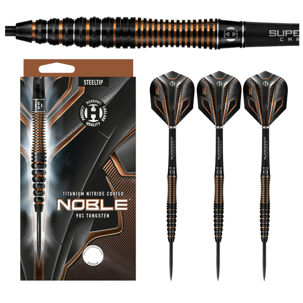 Harrows Noble 90% Tungsten Steel Tip Darts Set 22g, 23g, 24g & 25g - Includes Silver Supergrip Carbon Shafts & Micron Noble Flights (25g)