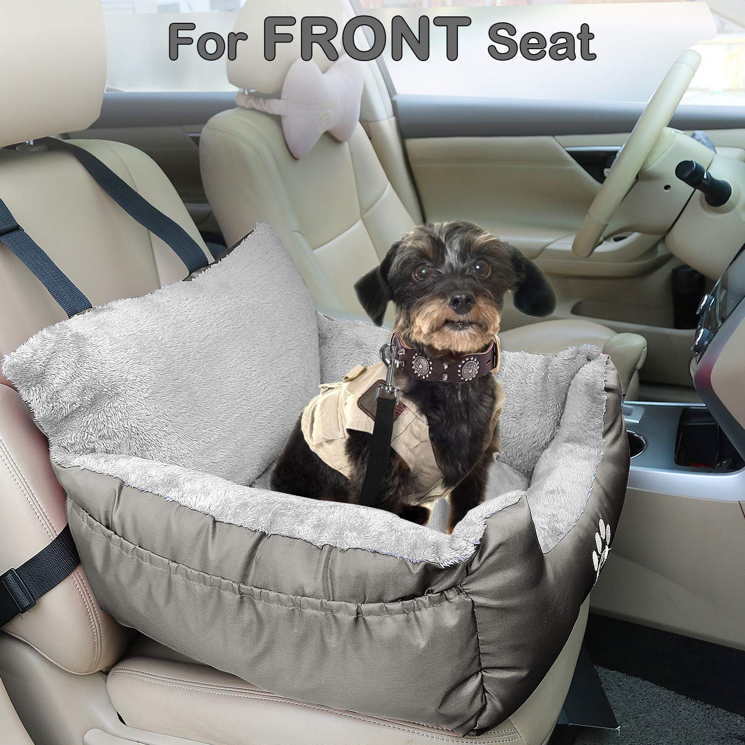 GoFirst Dog Car Seat for Small Dogs or Cats, Pet Booster Seat Travel Car Bed with Storage Pocket and Clip-On Safety Leash, Waterproof Warm Plush Dog Car Safety Seats,Black