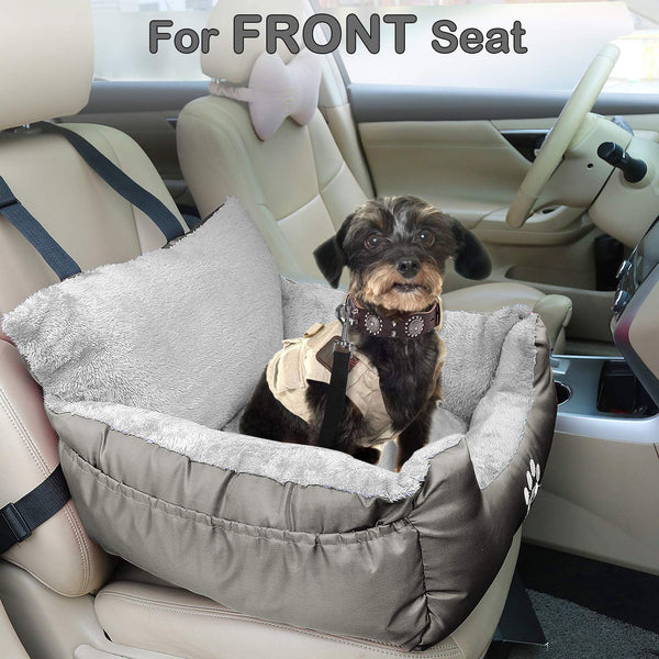 GoFirst Dog Car Seat for Small Dogs or Cats, Pet Booster Seat Travel Car Bed with Storage Pocket and Clip-On Safety Leash, Waterproof Warm Plush Dog Car Safety Seats,Black