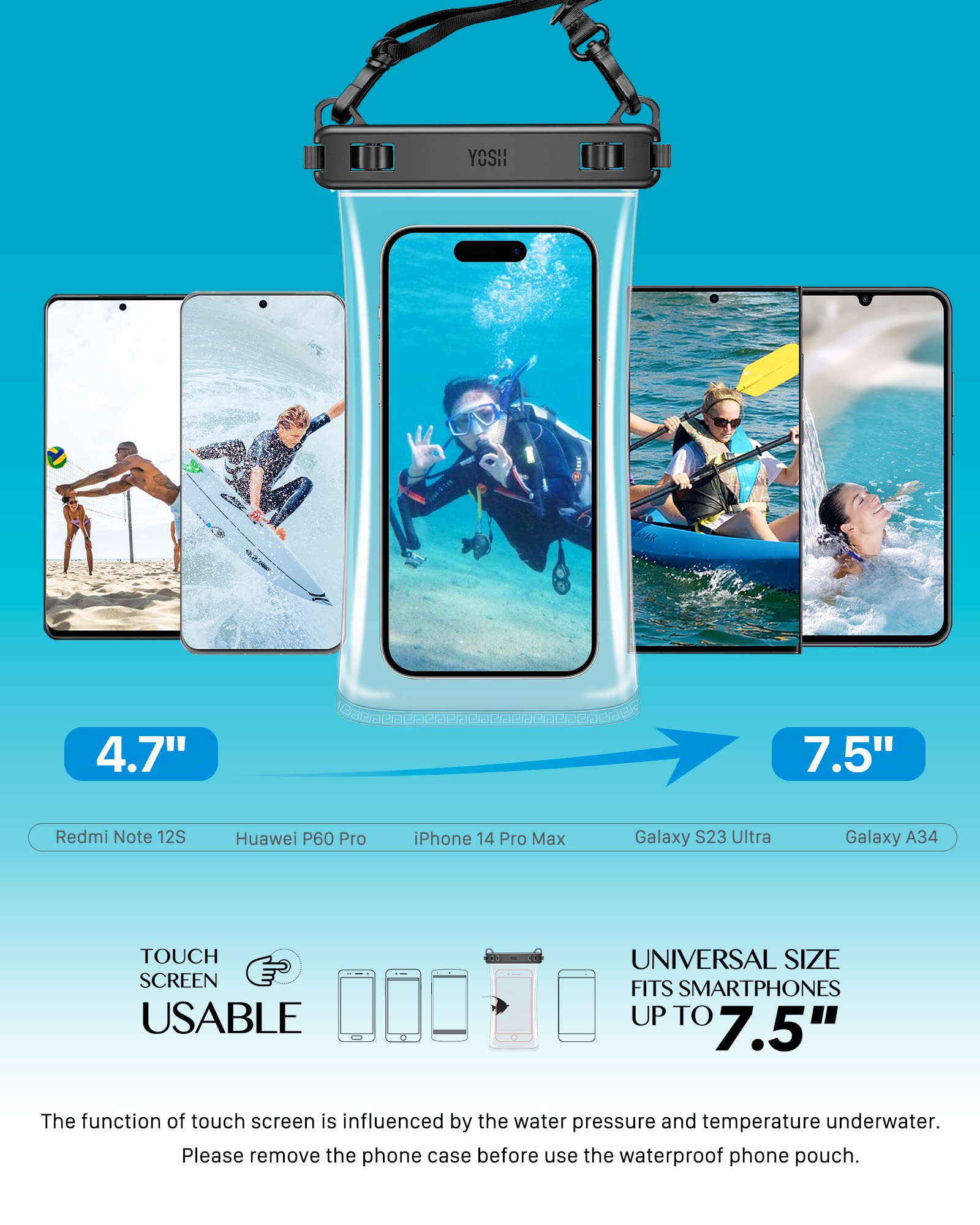 YOSH Waterproof Phone Pouch 2 Pack, 7 inch IPX8 Waterproof Phone Case for Swimming Travel Beach Trip Snorkelling Kayaking, Underwater iPhone Case for iPhone 16 15 14 Pro Max, Samsung S25 S24 Ultra