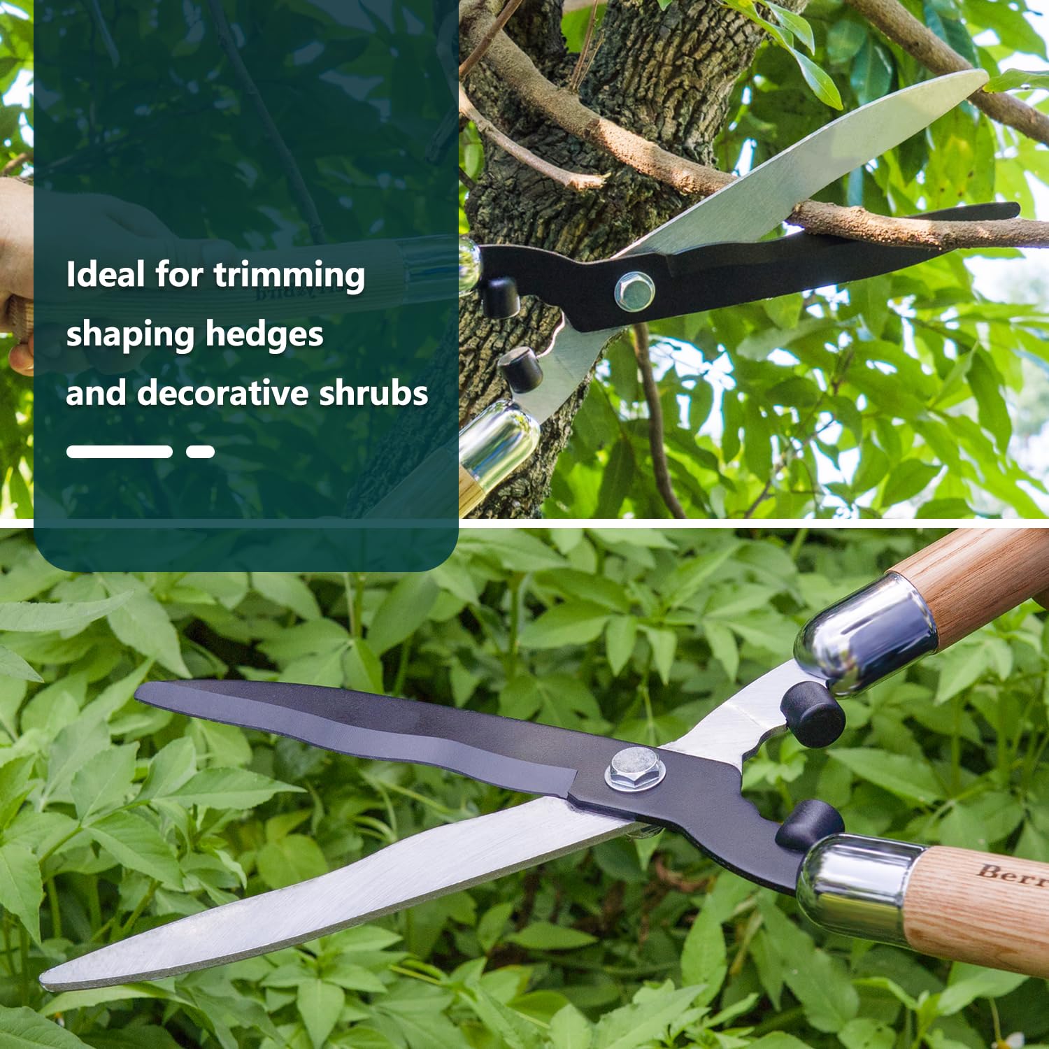 Berry&Bird Garden Hedge Shears, 50.5cm/19.88in Heavy Duty Pruning Shear for Trimming Borders and Bushes, Manual Hedge Clippers with Wooden Handle and