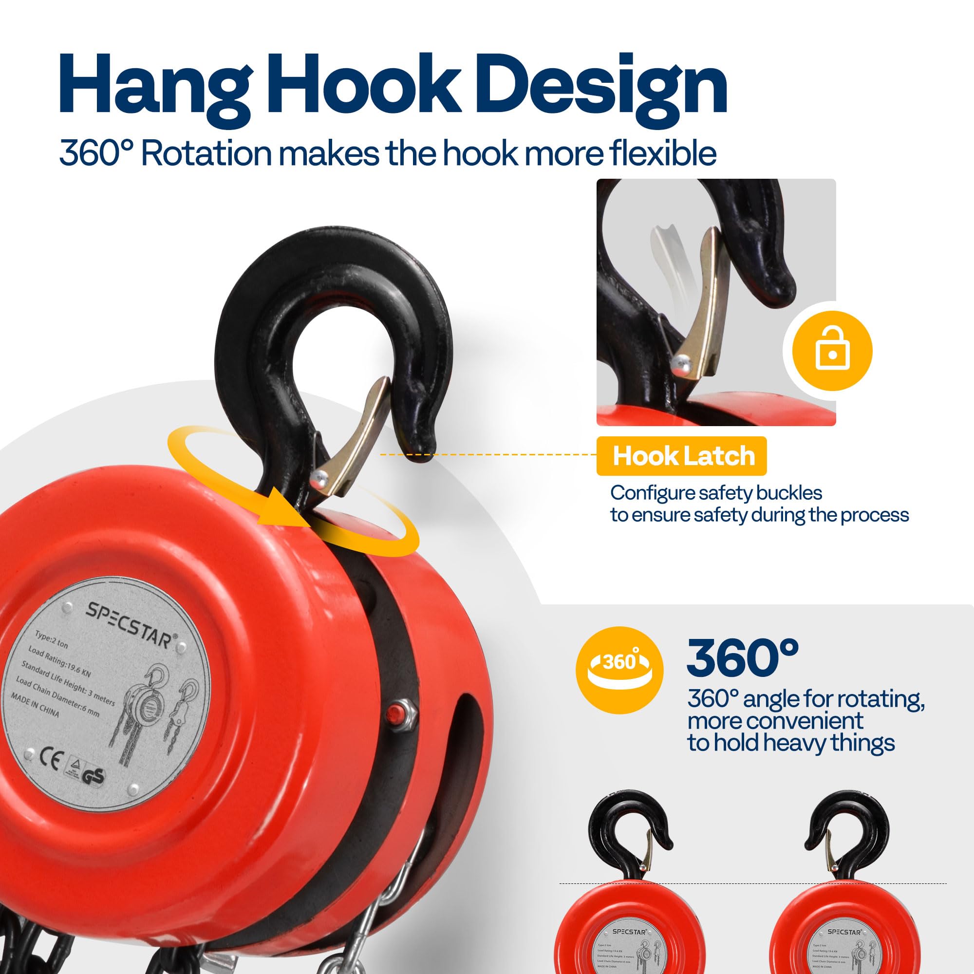 SPECSTAR Hand Chain Hoist 1250kg Capacity 3m with 2 Heavy Duty Hooks Manual Chain Fall for Warehouse Building Automotive Machinery