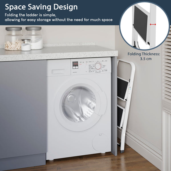 Home Vida 3 Step Ladder - Heavy Duty Steel Folding Ladder with Slip-Resistant and Wide Steps, Folding Mechanism, 150kg Max Load, Home/Kitchen/DIY/Garden Use, White