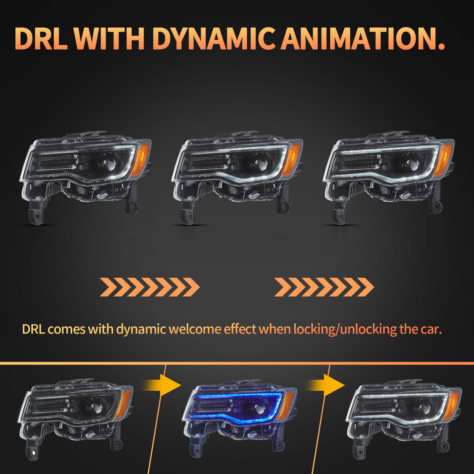 VLAND Full LED Headlights compatible with Grand Cherokee WK2 2014-2021,w/Startup dynamic display & Sequential Indicator, For Right hand drive - Black Housing