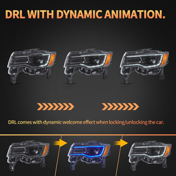 VLAND Full LED Headlights compatible with Grand Cherokee WK2 2014-2021,w/Startup dynamic display & Sequential Indicator, For Right hand drive - Black Housing