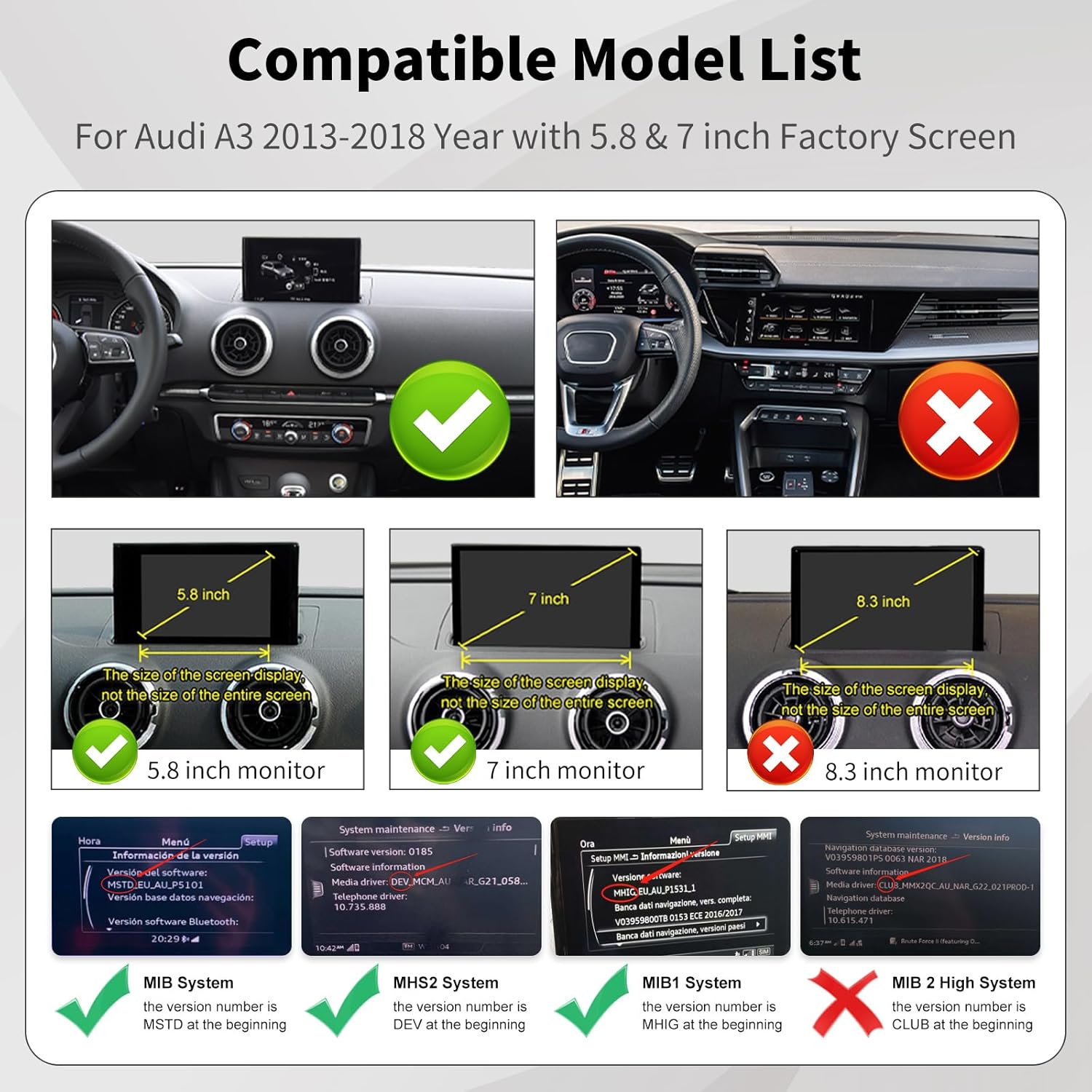 Road Top Wireless Carplay Android Auto Retrofit Kit for Audi A3 2013-2018 Year, Carplay Retrofit Kit Decoder, Support Mirror Link, Reverse Camera, Navigation