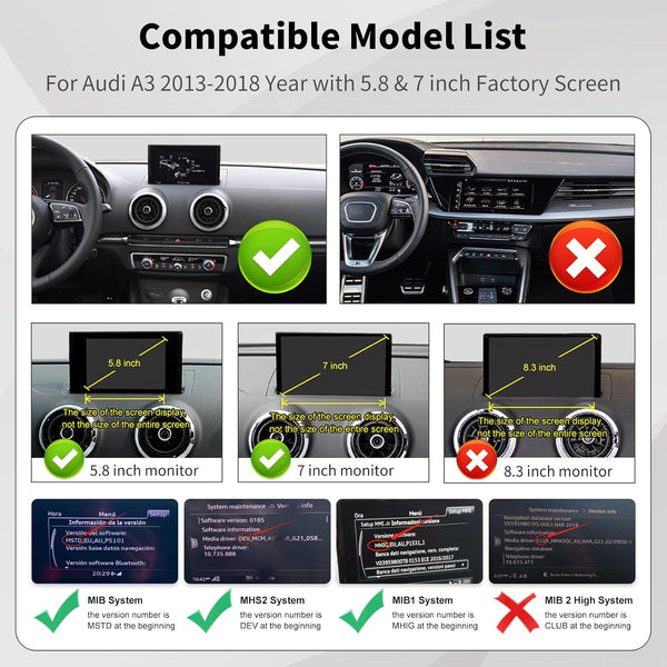 Road Top Wireless Carplay Android Auto Retrofit Kit for Audi A3 2013-2018 Year, Carplay Retrofit Kit Decoder, Support Mirror Link, Reverse Camera, Navigation