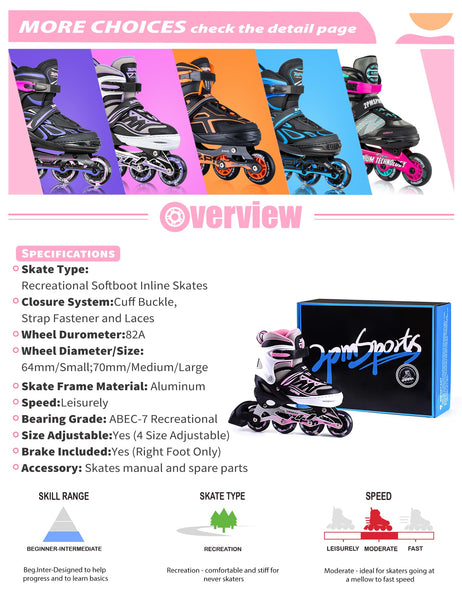 2pm Sports Adjustable Inline Skates, Stylish Design Beginner Roller Skates for Boys and Girls