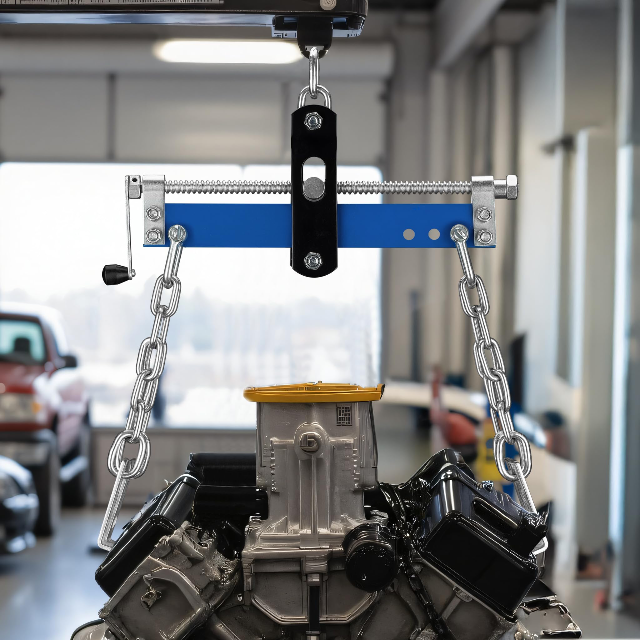 WilTec Solid Steel Engine Load Leveller - 750kg Max, Easy To Connect To Workshop Crane & Engine Stand, Includes four Chains with Safety Hooks