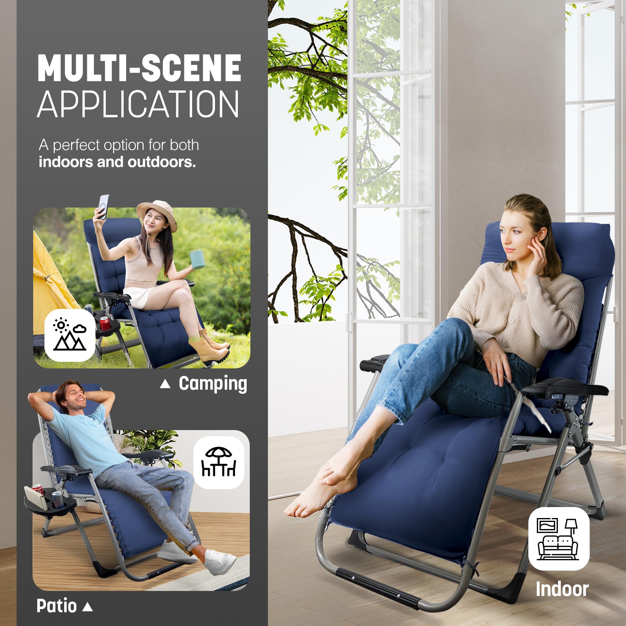 KEPLIN Square Tube Gravity Chair with Cushion – Extra-Wide 72cm Recliner, Adjustable Zero Gravity Lounger, Reinforced Frame, Supports 150kg, Premium Comfort for Indoor & Outdoor Relaxation – Black