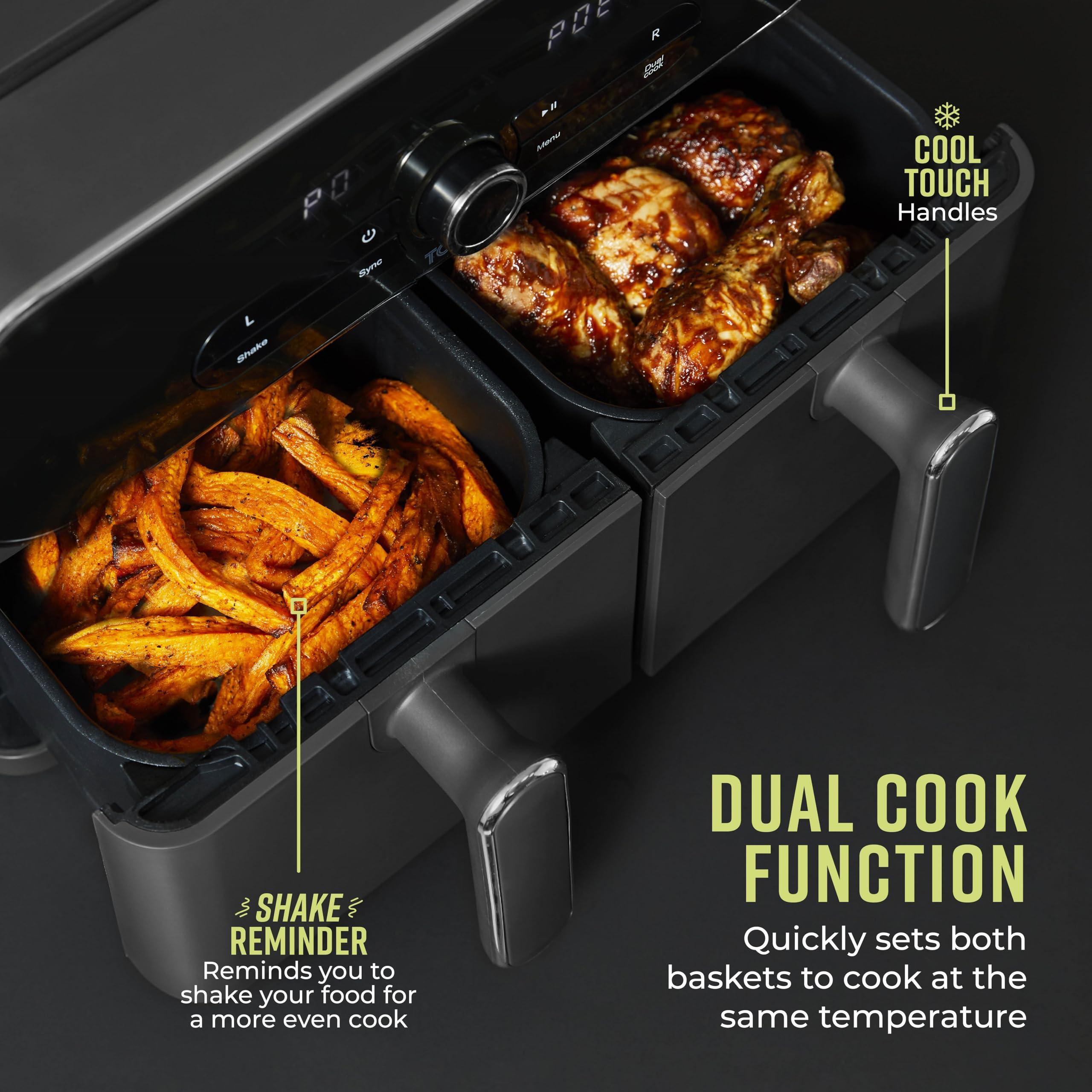 Tower T17190GRP Vortx XL Dual Stack Air Fryer with Digital Control Panel, Space Saving Design, 6 Preset Cooking Modes, Match Cook & Smart Finish Functions, 2460W, 11L, Graphite with Chrome Trim