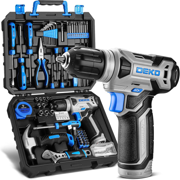Tool Kit: DEKO Drill Set with Cordless Drill, Tool Kit Set Box, DIY Hand Tools for Men and Home, with 8V Electric Drills Blue,126 Pieces