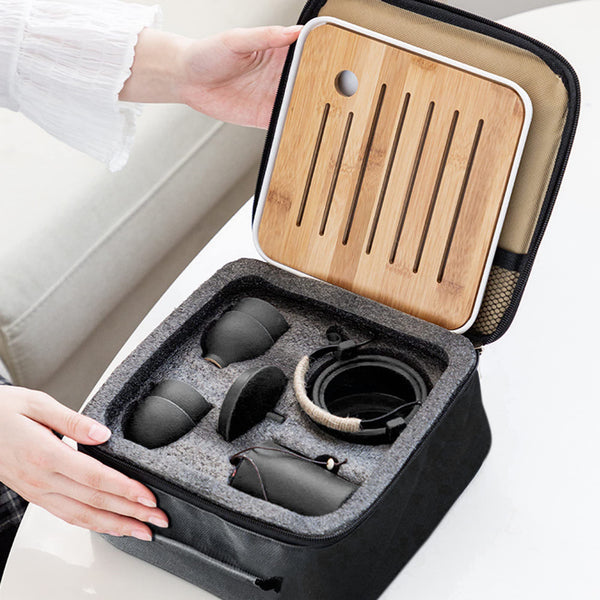 fanquare Japanese Tea Set, Porcelain Chinese Gongfu Tea Set, Portable Black China Tea Service with Teapot for Adults, Mens Gifts Travel