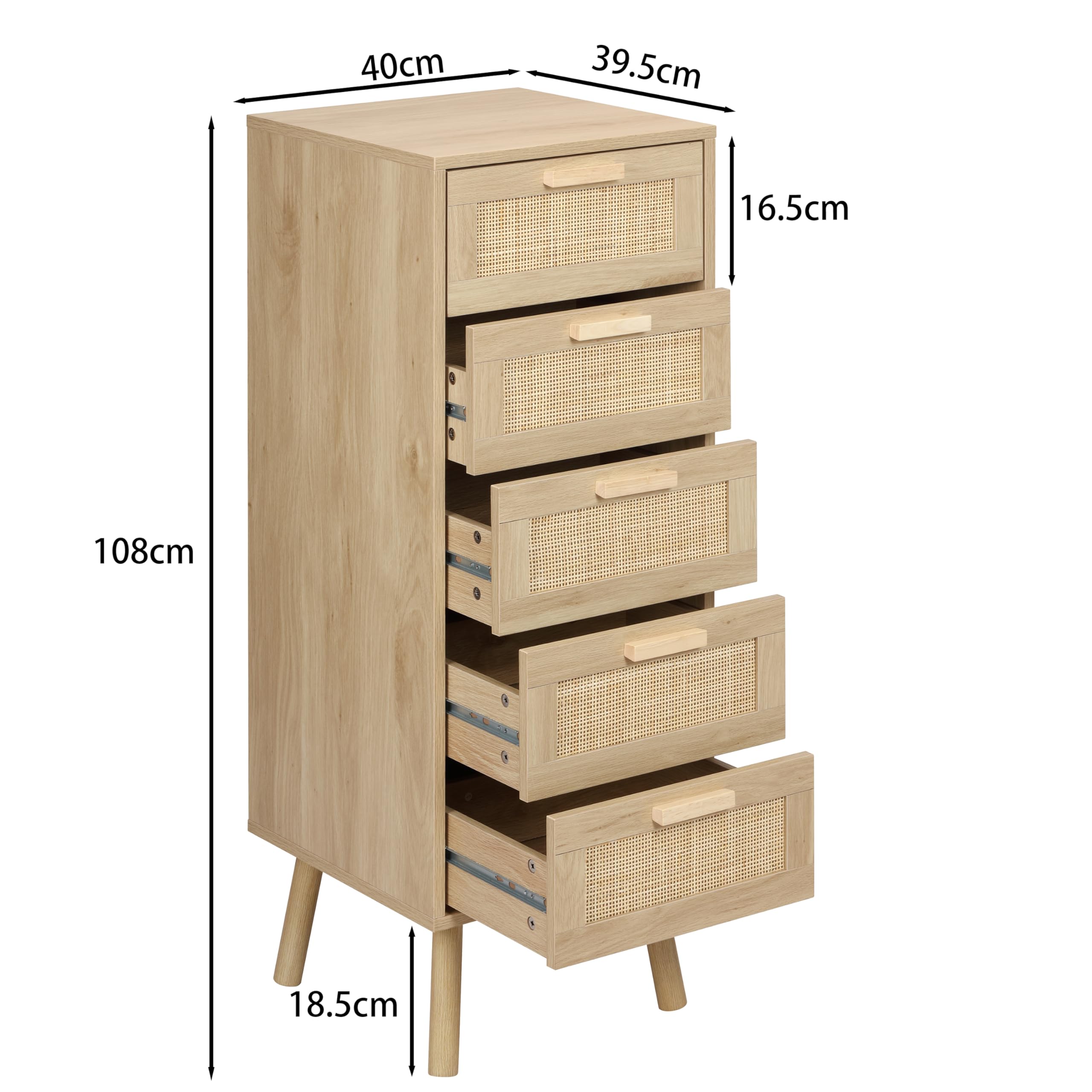 Finnhomy Rattan Chest of Drawers Bedroom, Tall Chester Drawers with 5 Hand Made Rattan Decorated Drawers for Bedroom, Small Bedside Cabinet with Wood