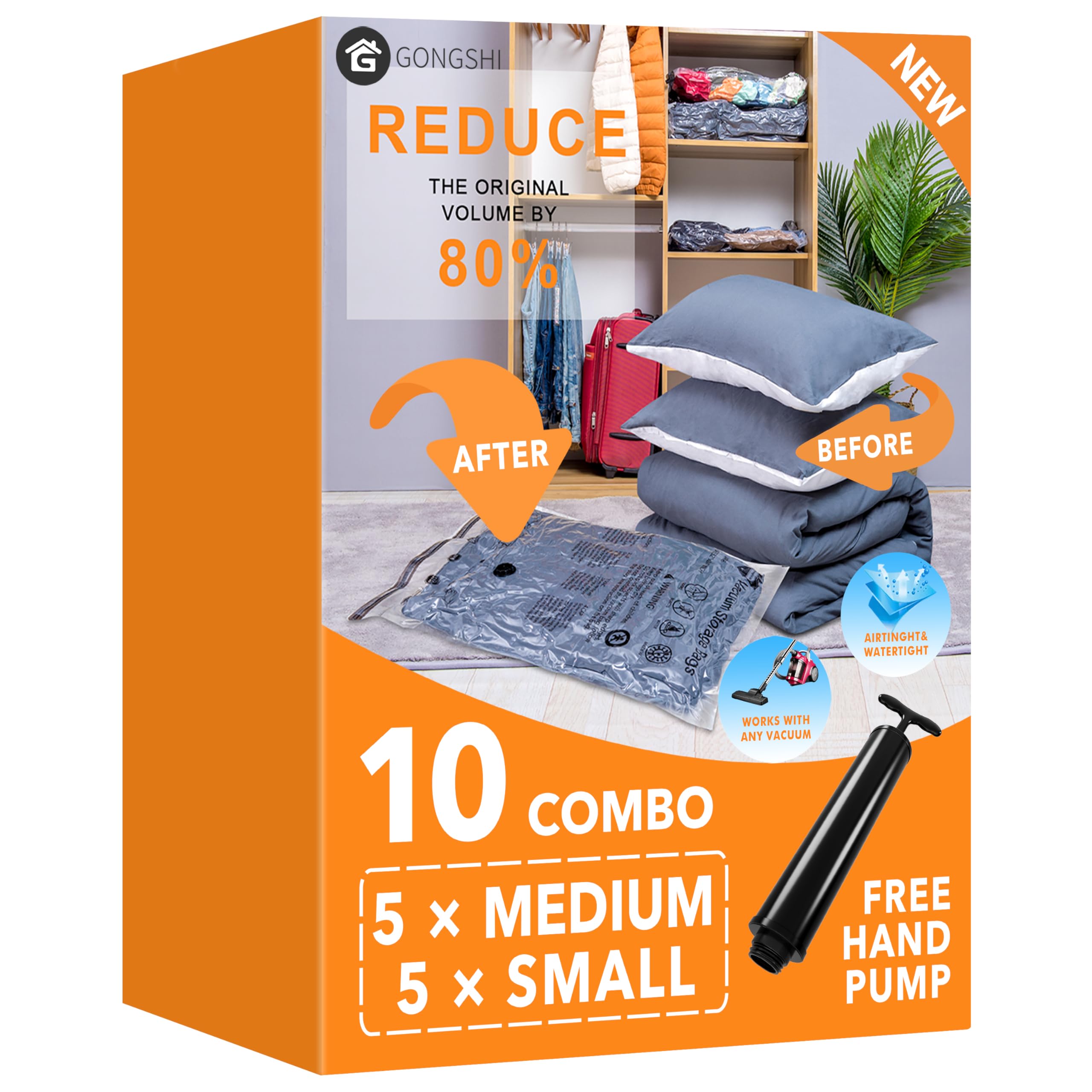 GONGSHI Vacuum Storage Bags (3 x Jumbo, 3 x Large, 3 x Medium, 3 x Small), Space Saver Sealer Compression Bags with Travel Hand Pump