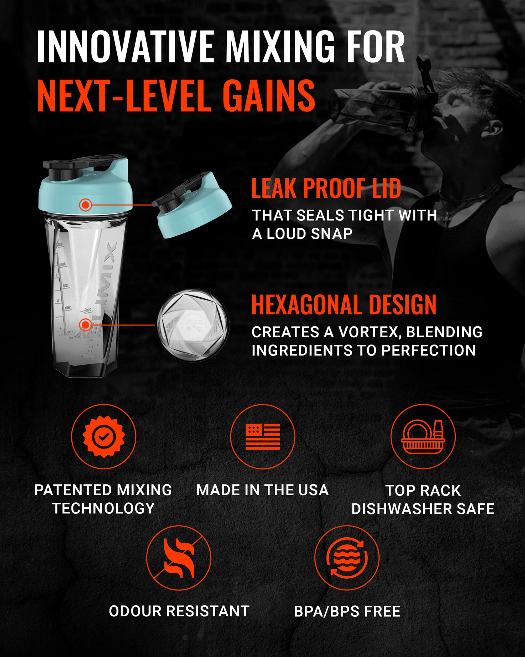 Helimix 2.0 Vortex Blender Shaker Bottle 828 ml - No Blending Ball or Whisk - USA Made - Portable Pre Workout Whey Protein Drink Cup - Mixes Cocktails Smoothies Shakes - Top Rack Safe