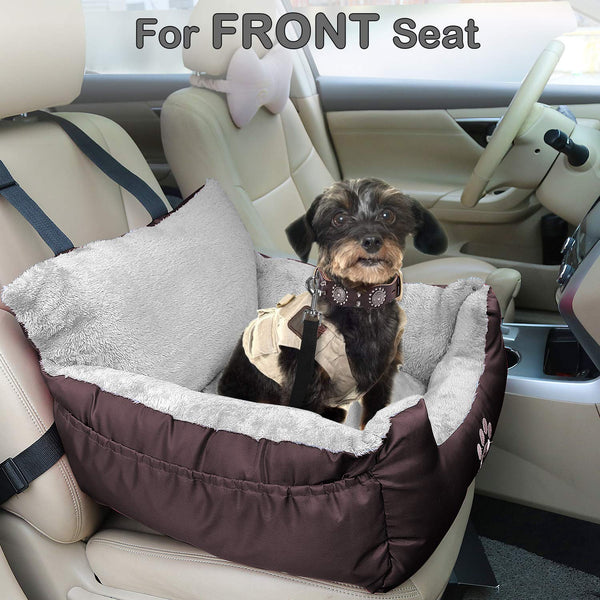 GoFirst Dog Car Seat for Small Dogs or Cats, Pet Booster Seat Travel Car Bed with Storage Pocket and Clip-On Safety Leash, Waterproof Warm Plush Dog Car Safety Seats,Black