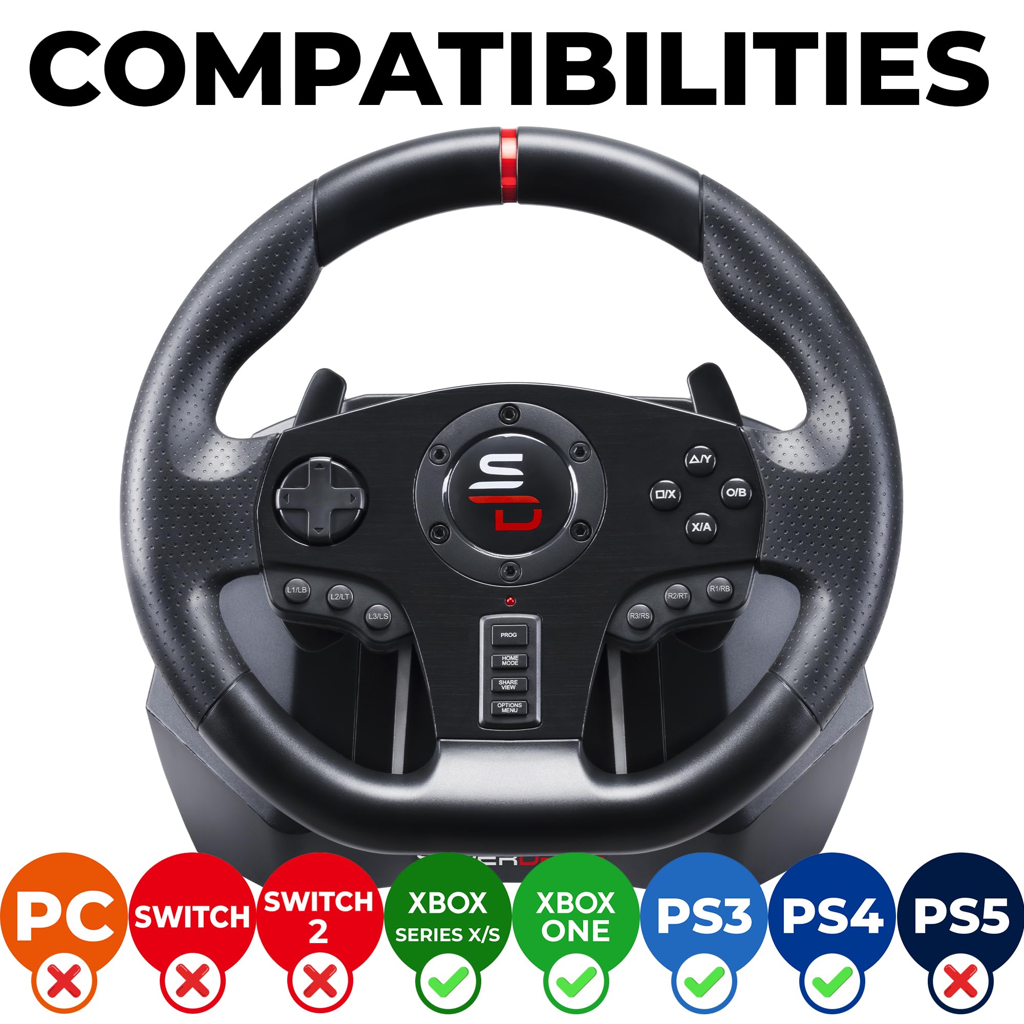 Subsonic Superdrive GS950X 900° racing wheel with manual shifter, 3 pedals and paddle shifters for Xbox Serie X/S, PS4, Xbox One (programmable)