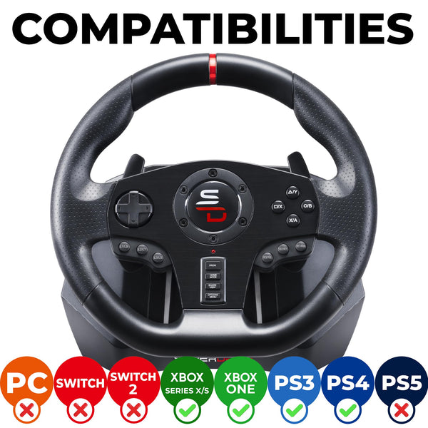 Subsonic Superdrive GS950X 900° racing wheel with manual shifter, 3 pedals and paddle shifters for Xbox Serie X/S, PS4, Xbox One (programmable)