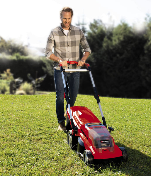 Einhell Power X-Change 36/43 Cordless Lawnmower With Battery (x2) and Charger (x2) - 36V, 43cm Cutting Width, 63L Grass Box, 6 Cutting Heights, Mulching - GE-CM 43 Li M Battery Lawn Mower Red / Black