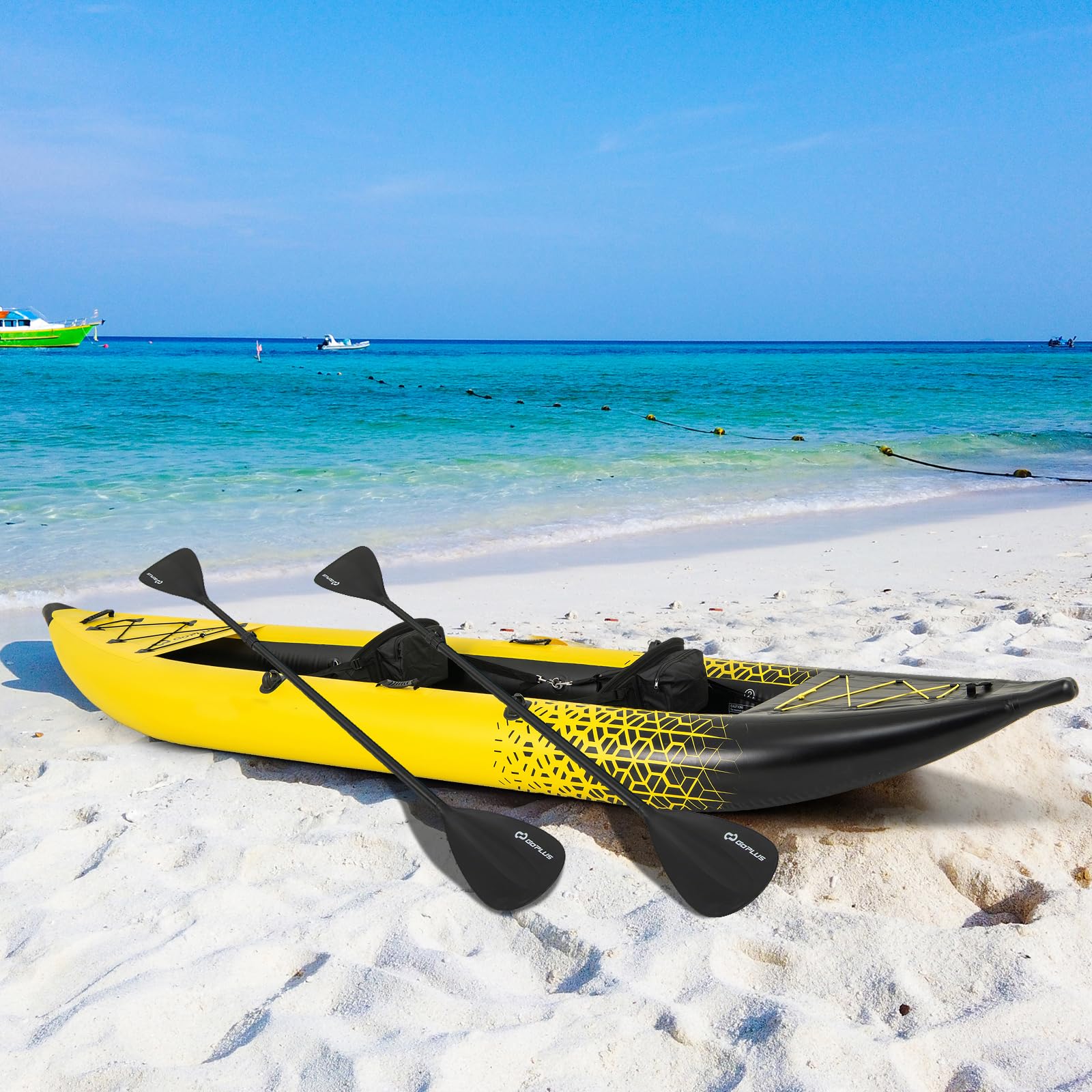 GYMAX Inflatable Kayak Set, 2-Person Inflatable Boat with Aluminum Oars, EVA Padded Seat, Fins, Hand Pump, Repair Kit and Carry Bag, Blow Up Canoe for Lakes, Rivers & Sea Shores