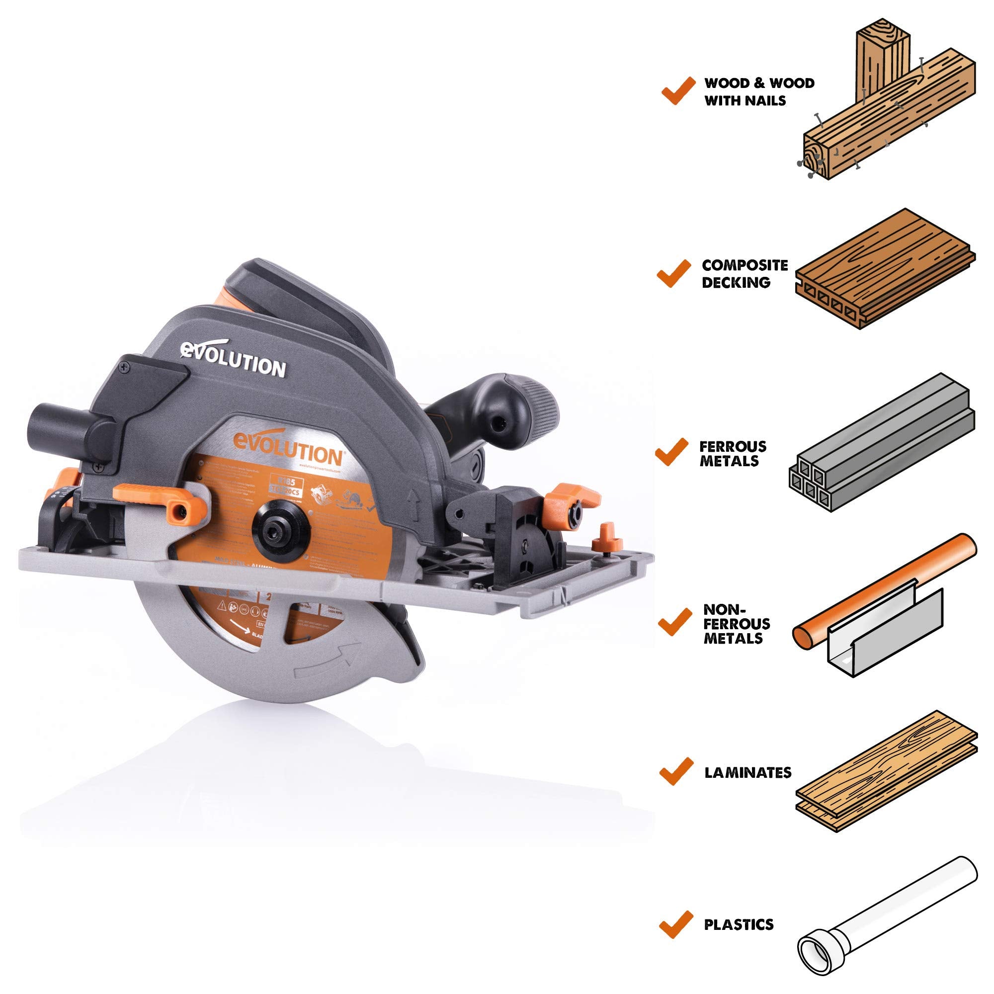 Evolution Power Tools R185CCSX Circular Saw With 1020 mm 3-Piece Track | Multi-Material Blade, Cuts Wood, Metal, Plastic & More | Incl Dust Port Adapter | 185mm (230v)