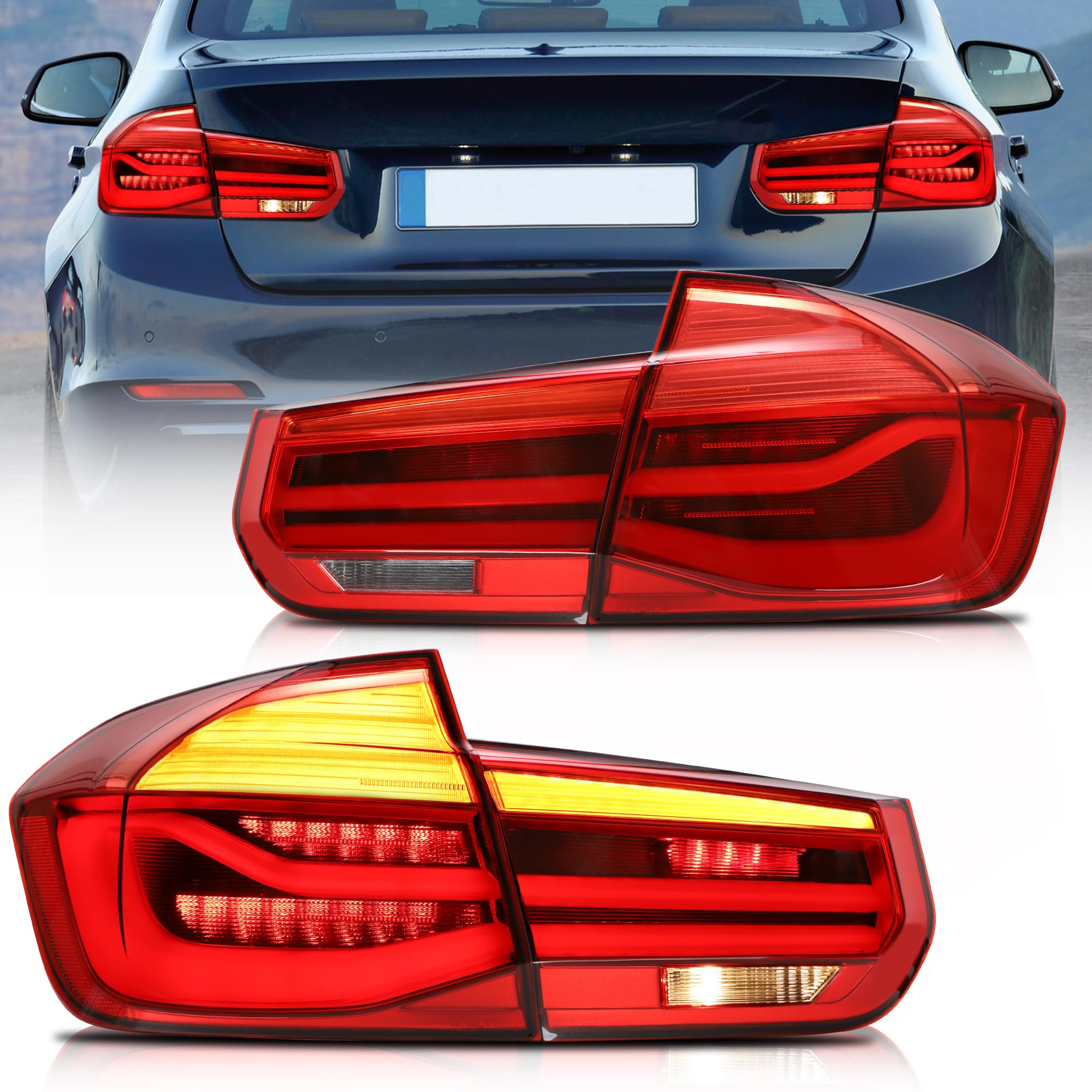 VLAND LED Rear Lights Compatible With 3-Series F30 F35 F80 M3 2013-2018 Sixth generation,Tail Lights Assembly w/Sequential Turn Indicator, 1 Set (Red)