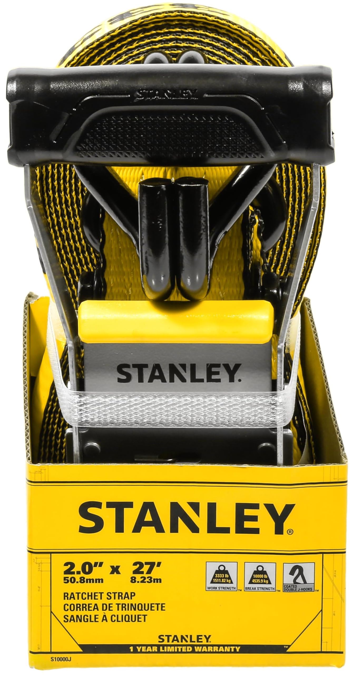 STANLEY S1007 Black/Yellow 1.5" x 16' Ratchet Tie Down Straps - 1,100 lb Safe Working Load / 3,300 lb Break Strength, 2 Pack