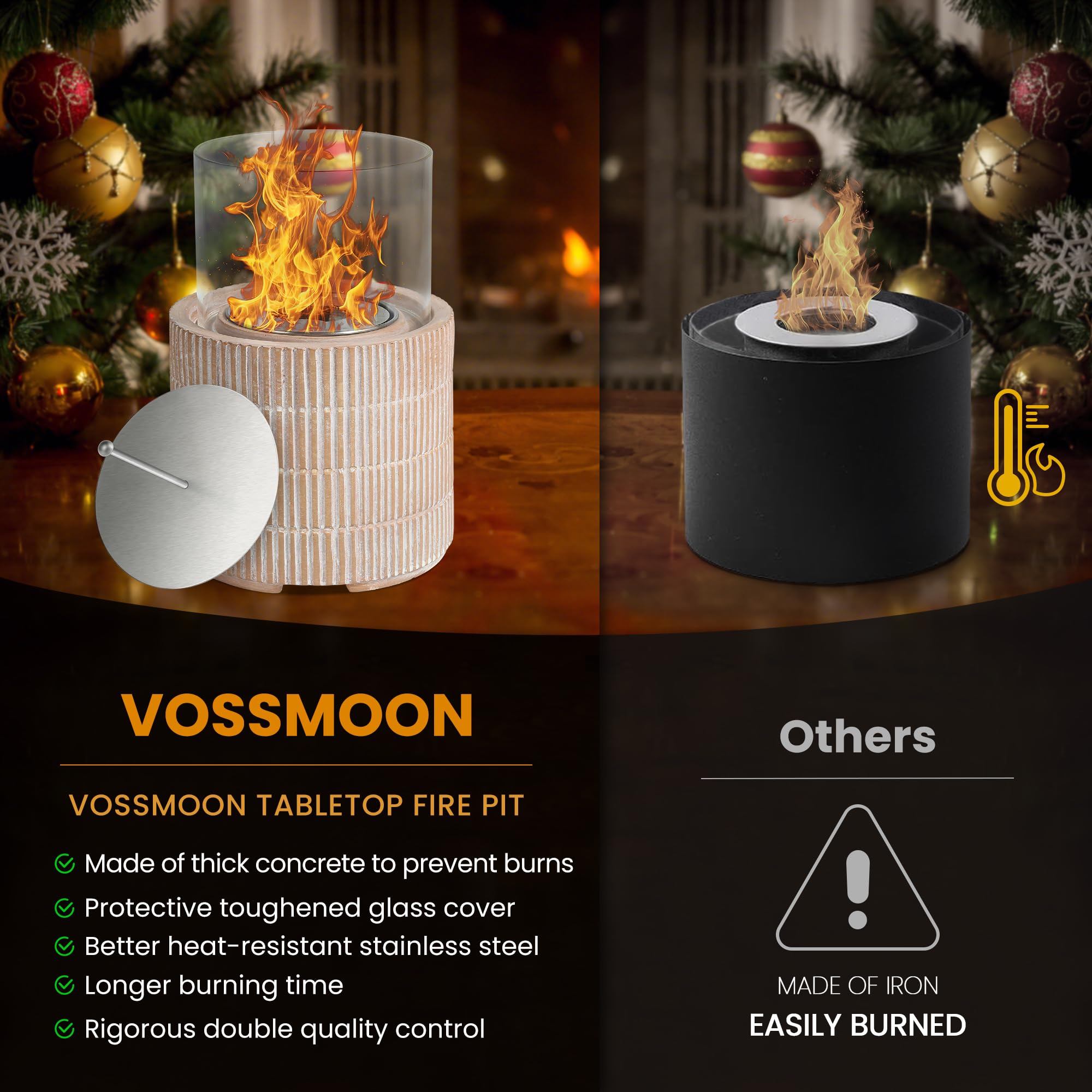 VOSSMOON Tabletop Fire Pit, Bioethanol Table Top Fire Bowl, Portable Round Fireplace indoor or Outdoor, Concrete Table Top Patio Heater Ethanol Burner with Tempered Glass for Potluck or Camping, Black