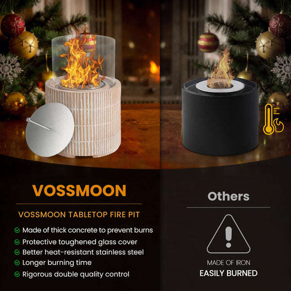 VOSSMOON Tabletop Fire Pit, Bioethanol Table Top Fire Bowl, Portable Round Fireplace indoor or Outdoor, Concrete Table Top Patio Heater Ethanol Burner with Tempered Glass for Potluck or Camping, Black